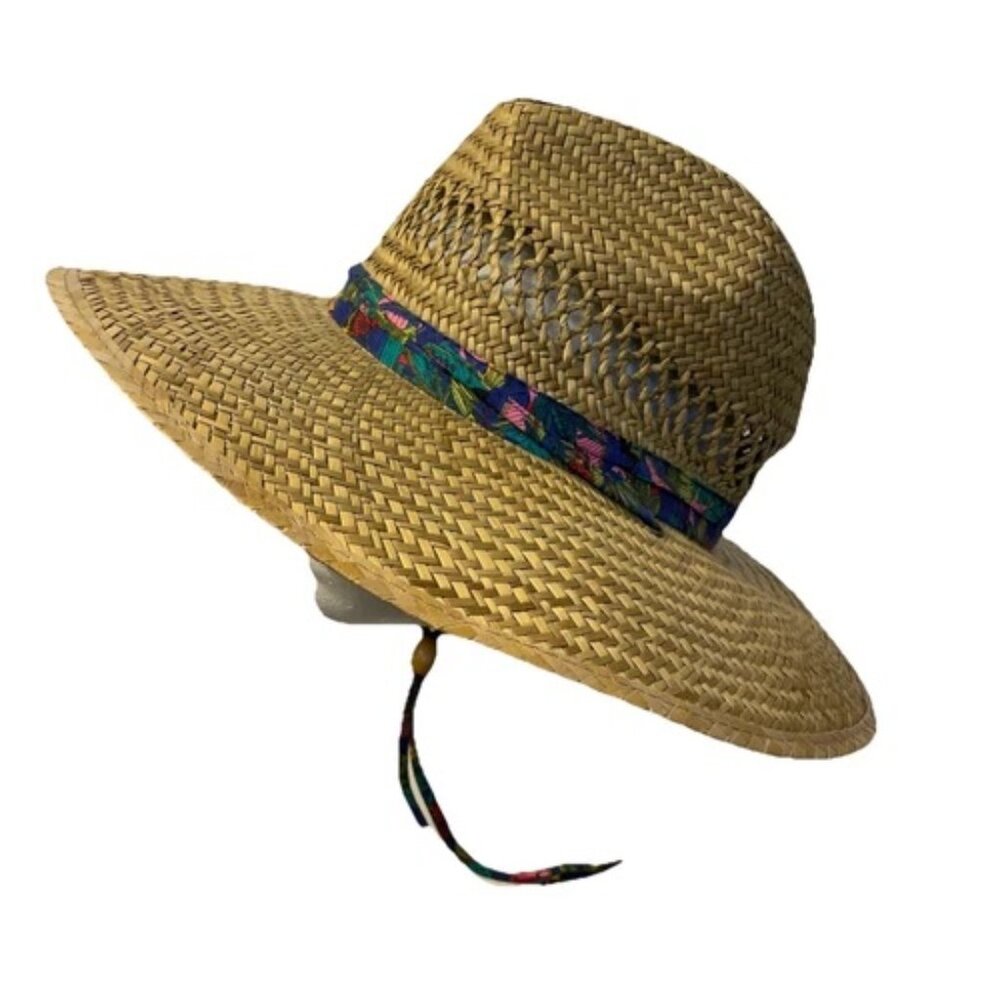Summer Club Woven Straw Hat Medium Colorful Tropical Fabric Band Chin Strap